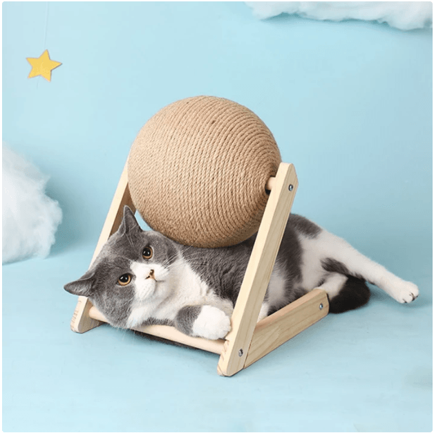 Sisal-Wrapped Cat Scratch Sphere with Wooden Base - Itzmypet