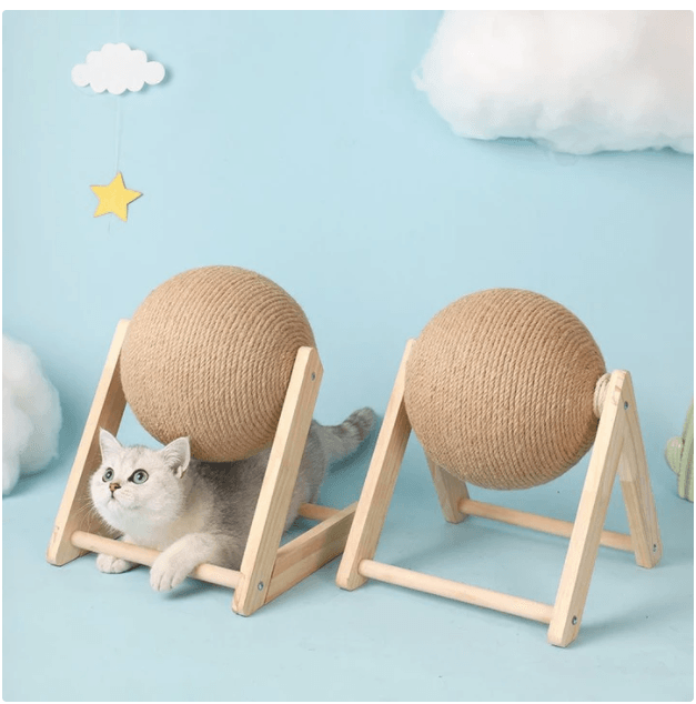 Sisal-Wrapped Cat Scratch Sphere with Wooden Base - Itzmypet