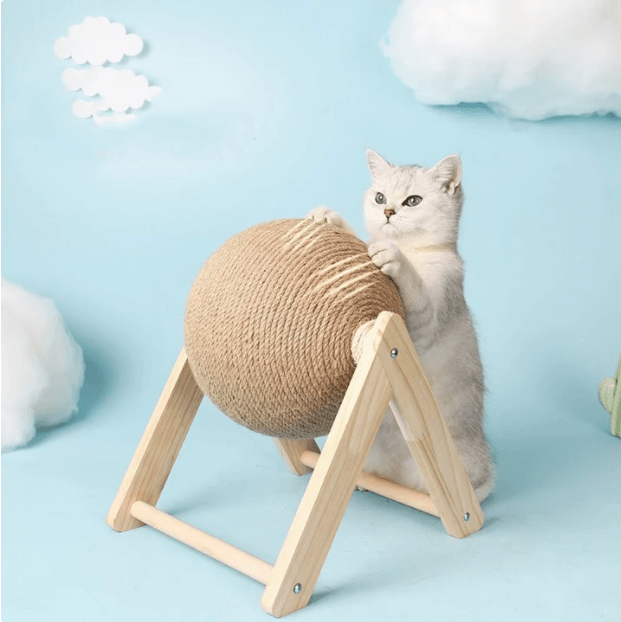 Sisal-Wrapped Cat Scratch Sphere with Wooden Base - Itzmypet